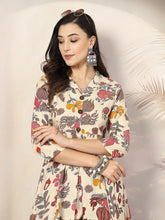 Women's Floral Printed Rayon A-Line Kurta Pant Set-CSNAINABEIGE